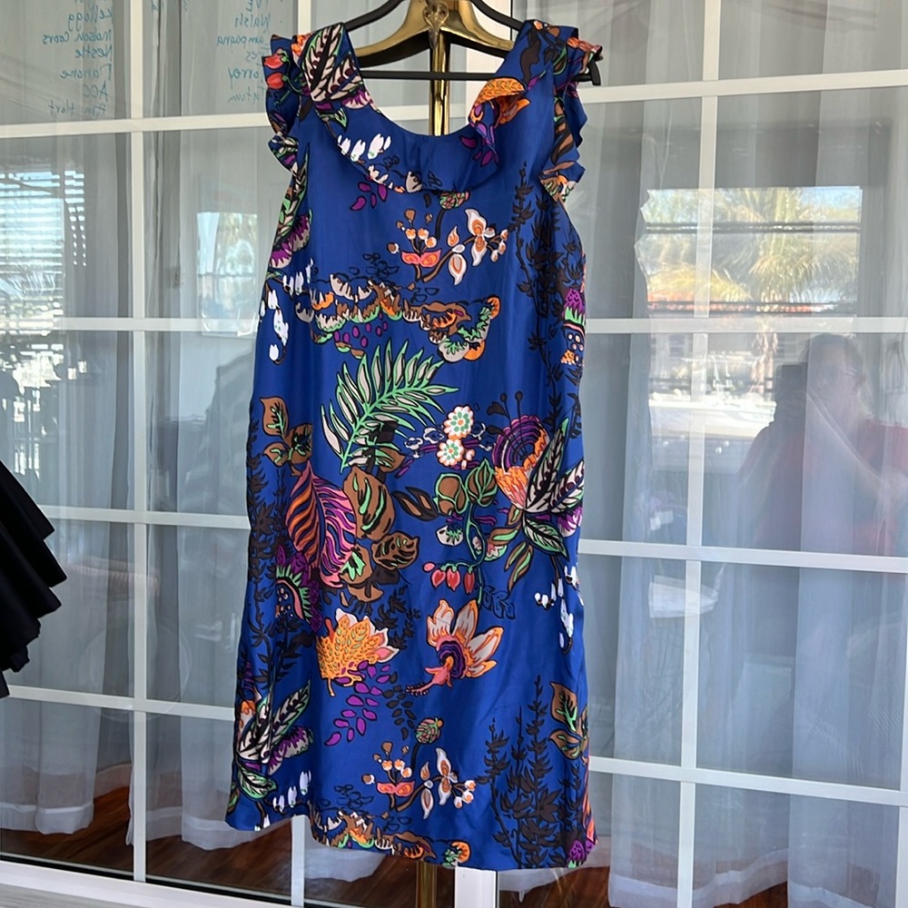 Blue tropical silk cocktail dress